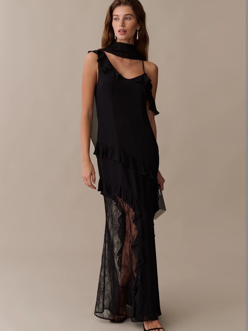 Few Moda Women's Black Asymmetric Ruffle Lace Maxi Dress